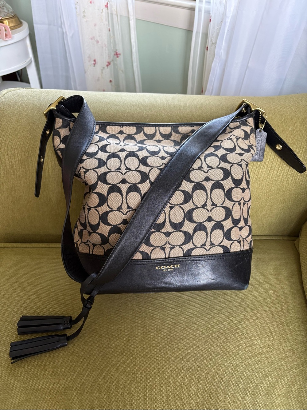 Coach Canvas Signature Shoulder Bag in Khaki and Black